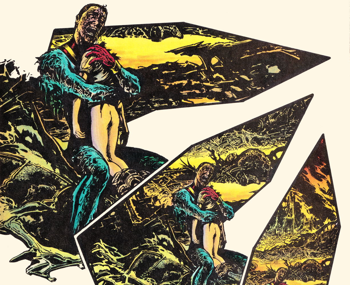 Miracle Man cradling Johnny Bates: Miracle Man cradles the headless corpse of Johnny Bates after crushing the boy’s head. Miracleman, issue 15, page 19.; Alan Moore; Miracleman; John Totleben