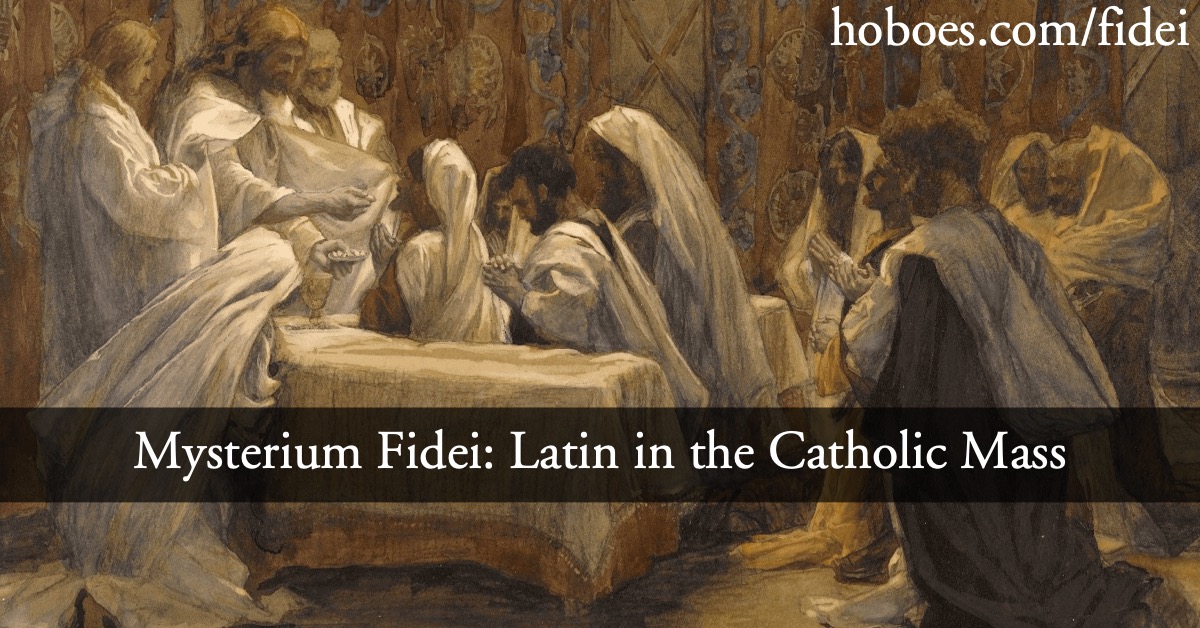 Mysterium Fidei social media image: Mysterium Fidei over a painting of Jesus changing the wine into his blood, from the September 3, 1965 encyclical of Pope Paul VI on the Holy Eucharist.; Latin in the Catholic Mass