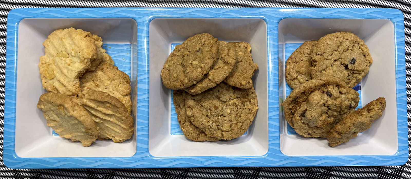 Potato Chip Cookie Trio: Three potato chip cookies: potato chop sandies, brown sugar potato chip cookies, and chocolate chip potato chip cookies.; potato chips; cookies