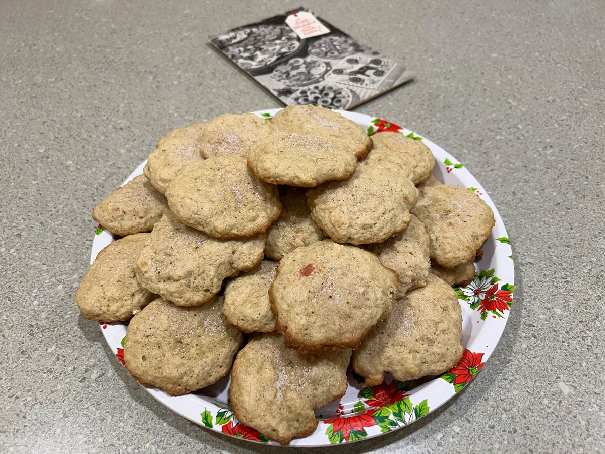 Rhubarb Crinkles: Pineapple Crinkles, from the 1952 Aunt Jenny’s Old-Fashioned Christmas Cookies, from Lever Brothers Company for Spry shortening.; cookies; rhubarb; Spry shortening