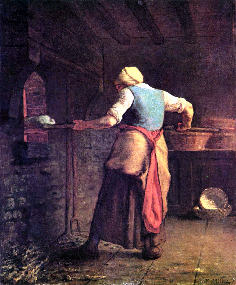 Paysanne enfournant son pain: Jean-François Millet’s A woman baking bread, 1854, from the Kröller-Müller Museum in Otterlo, the Netherlands.; bread; paintings; nineteenth century; 1800s; baking; Jean-François Millet