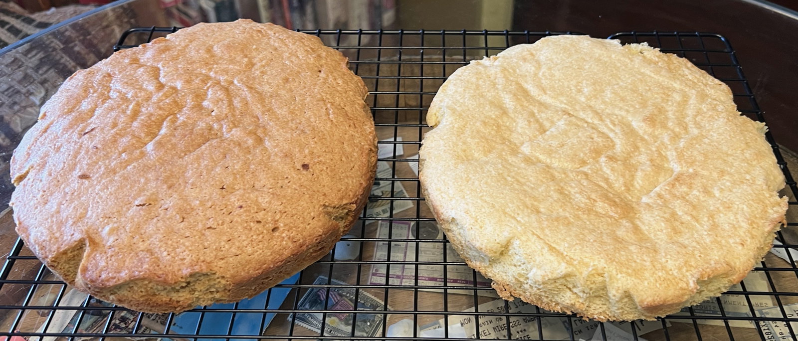 Brown and white sugar gold cakes: A brown sugar Gold Cake from the ca. 1977 Horsford Cook-Book, and a white sugar Gold Cake from the 1926 Rumford Recipes for Cake and Cookie Making.; cake; Rumford Chemical Works; brown sugar