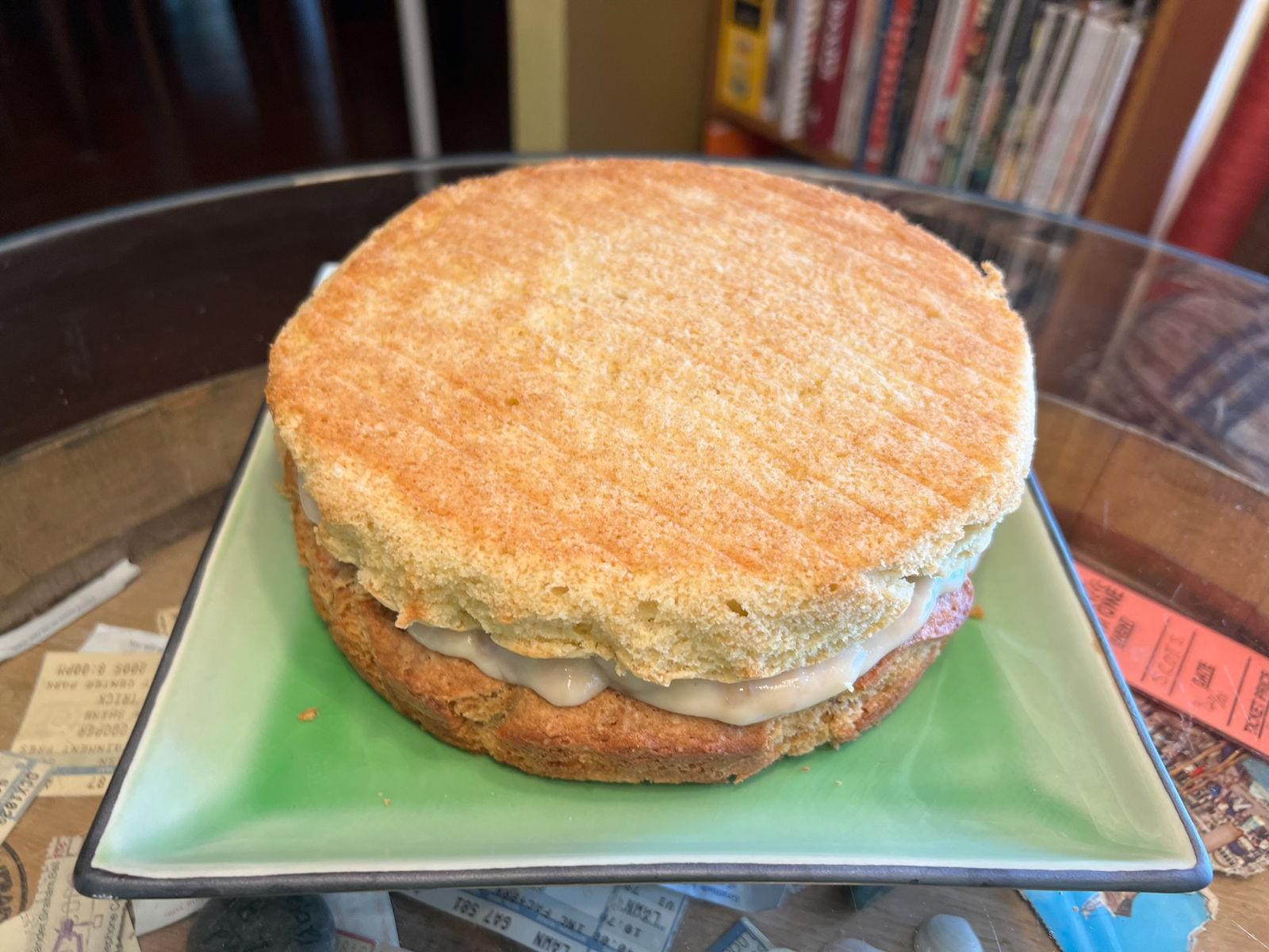 Gold layer cake: A layer cake made with gold cake from the 1926 Rumsford sliding cookbook (top), a gold cake from the ca. 1877 Horsford Cook-Book (bottom), and a 1960 high school vanilla pudding recipe.; cake; pudding; Rumford Chemical Works