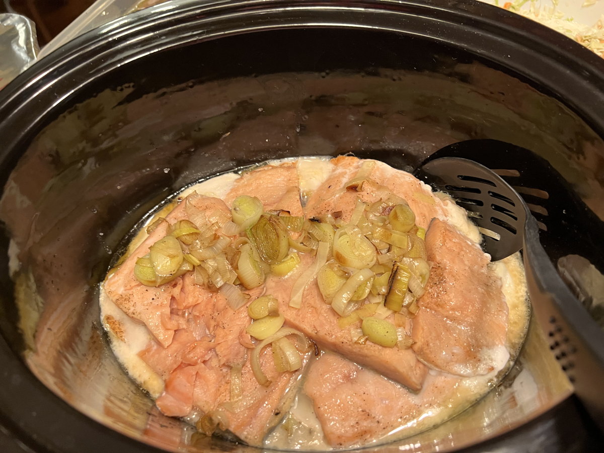 Salmon Fillets with Braised Leeks: Salmon Fillets with Braised Leeks, from the 2009 Canadian Living Slow Cooker Collection.; Canada; crockpot; slow cooker; salmon; leeks