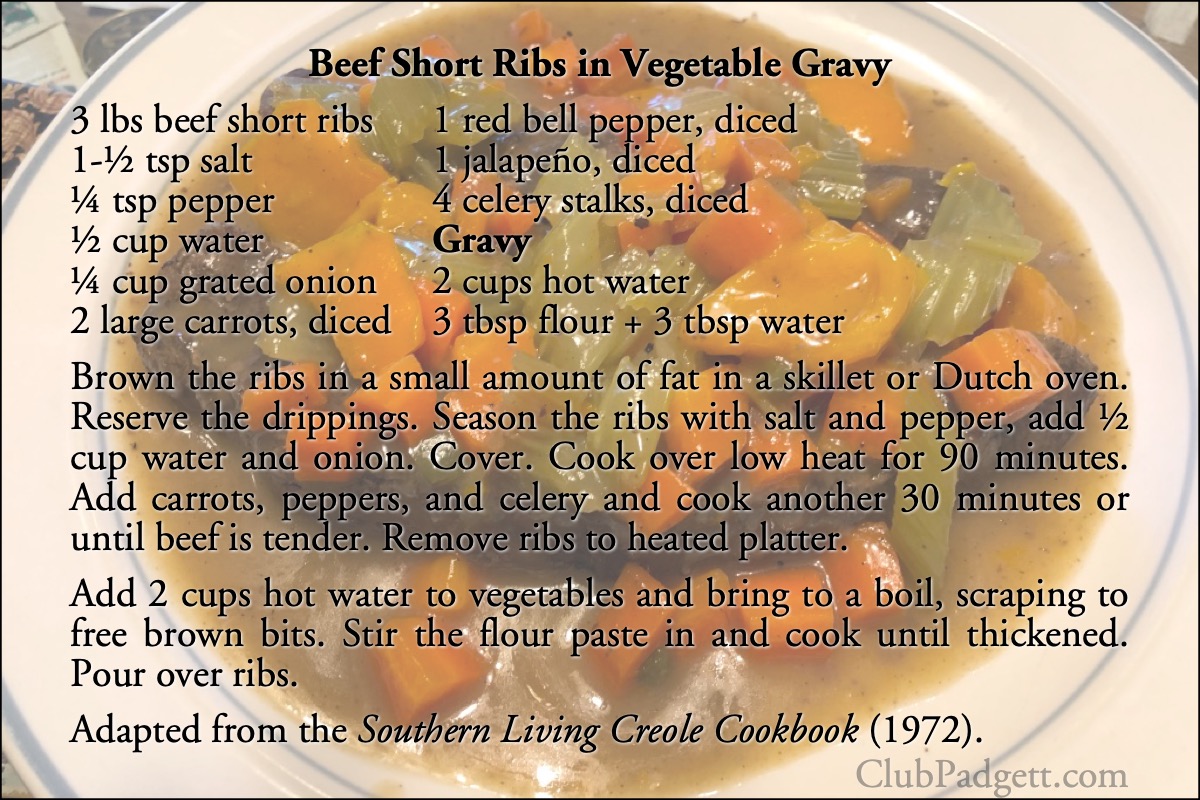 Beef Short Ribs in Vegetable Gravy: Mrs. Henry Sherrer’s Beef Short Ribs with Gravy, from the 1972 Southern Living Creole Cookbook.; seventies; 1970s; Southern Living; gravy; Creole; beef; recipe