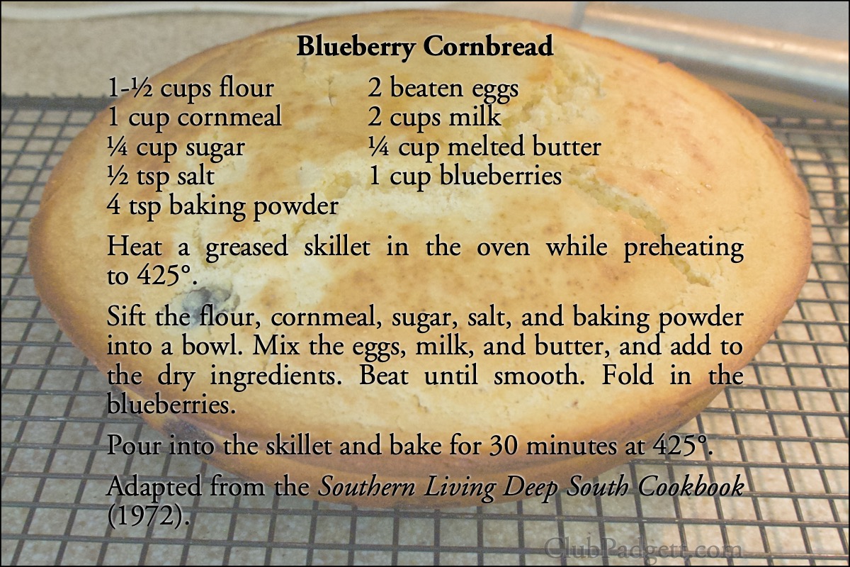 Blueberry Cornbread: Blueberry Corn Bread from the 1972 Southern Living Deep South Cookbook.; seventies; 1970s; blueberries; Southern Living; cornbread; recipe; cornmeal