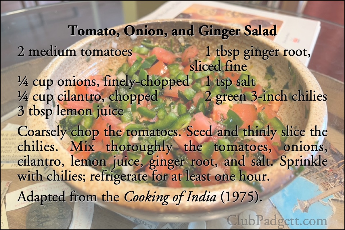 Tomato, Onion, and Ginger Salad: Cachumbar from the 1975 Foods of the World Cooking of India.; seventies; 1970s; salad; Time-Life; Foods of the World; tomatoes; hot pepper; onions; recipe; ginger; cilantro