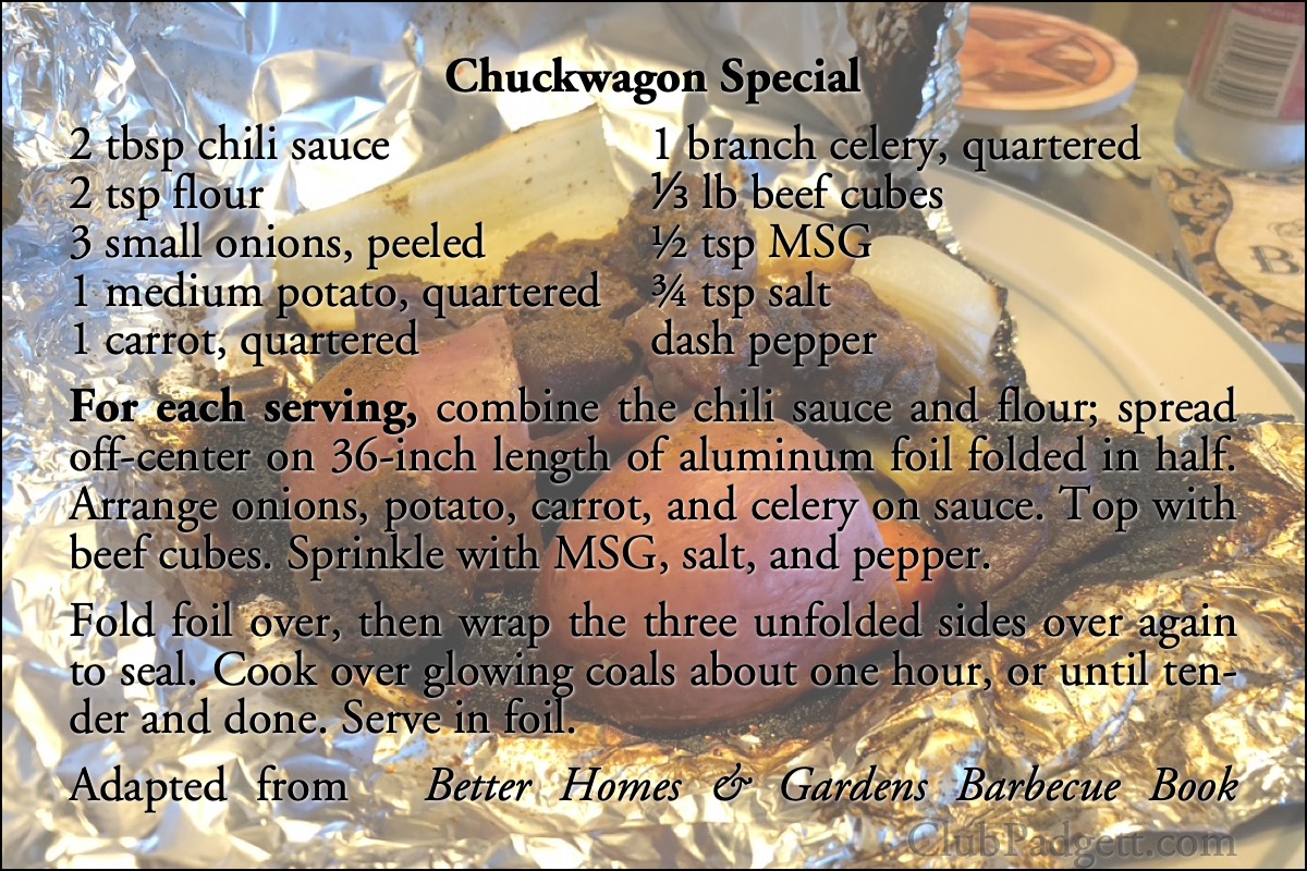 Chuckwagon Special: Chuck-wagon Special, from the 1965 Better Homes & Gardens Barbecue Book.; barbeque; barbecue, BBQ, grill; sixties; 1960s; beef; Better Homes and Gardens; recipe