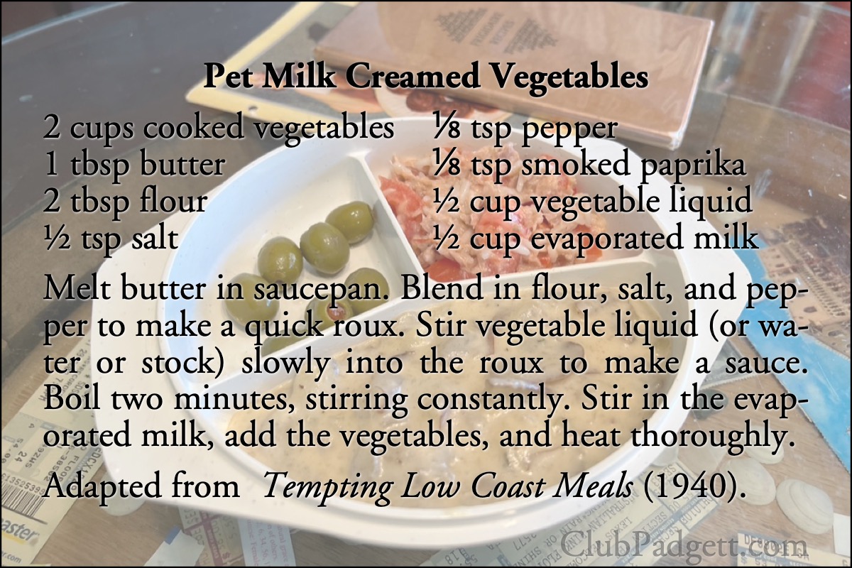 Pet Milk Creamed Vegetables: Creamed Vegetables, from the 1940 Tempting Low Cost Foods.; vegetables; carrots; potatoes; recipe; evaporated milk; pet milk; Pet Milk Company; forties; 1940s