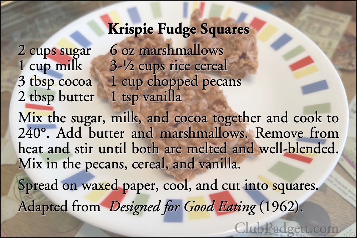 Krispie Fudge Squares: Mrs. Coy Wrenn’s My Mother-in-Law’s Fudge Cookies, from the 1962 Designed for Good Eating of Sherman, Texas.; chocolate; cocoa; sixties; 1960s; pecans; recipe; fudge; marshmallows; crispy rice cereal; Rice Krispies; Sherman, Texas