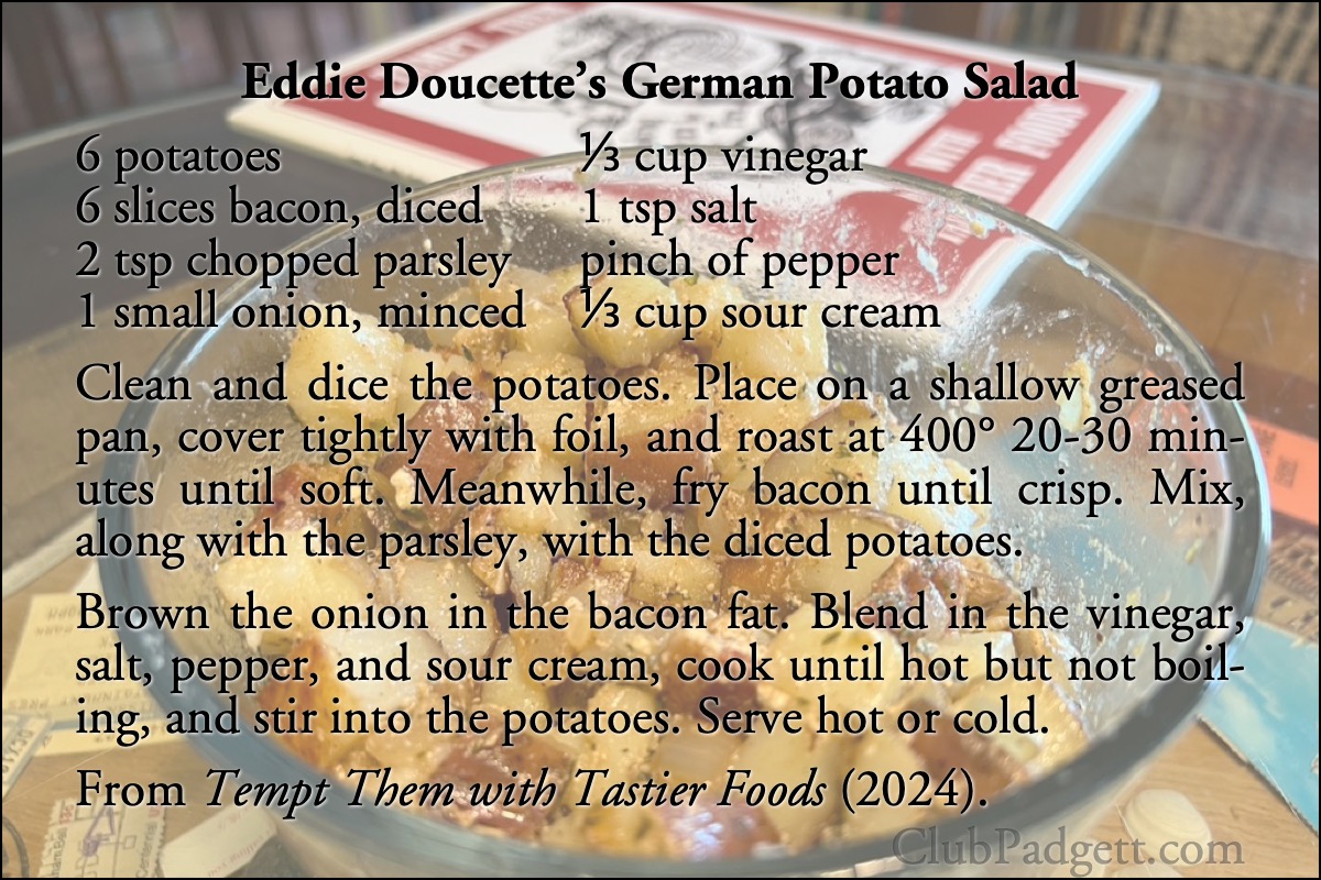 Eddie Doucette’s German Potato Salad: Eddie Doucette’s German Potato Salad My Way, from an IGA matchbook cover of the sixties.; sixties; 1960s; onions; recipe; Eddie Doucette; bacon; potato salad; sour cream