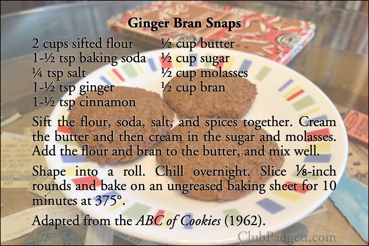 Ginger Bran Snaps: Gingersnaps from the 1961 ABC of Cookies.; sixties; 1960s; cookies; recipe; ginger; cinnamon; bran