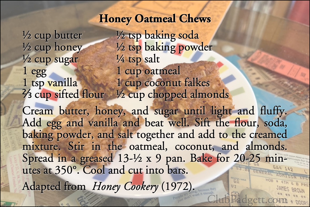 Honey Oatmeal Chews: Honey Oatmeal Chews, from the 1972 Honey Cookery.; seventies; 1970s; Michigan; cookies; oatmeal; recipe; honey