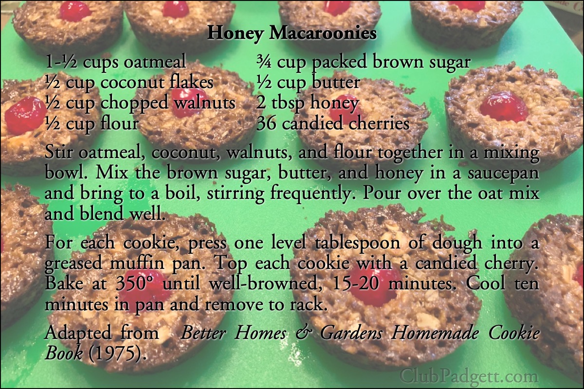 Honey Macaroonies: Honey Macaroonies from the 1975 Better Homes and Gardens Homemade Cookie Book.; seventies; 1970s; cookies; oatmeal; Better Homes and Gardens; cherries; recipe; honey