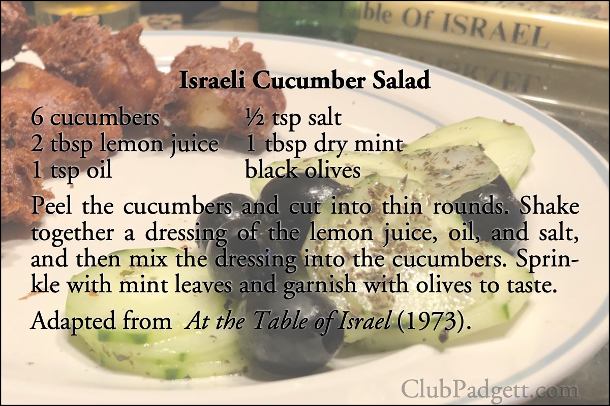 Israeli Cucumber Salad: Cucumber Salad from Sandy Lesberg’s 1973 At the Table of Israel.; seventies; 1970s; Israel; salad; cucumbers; recipe