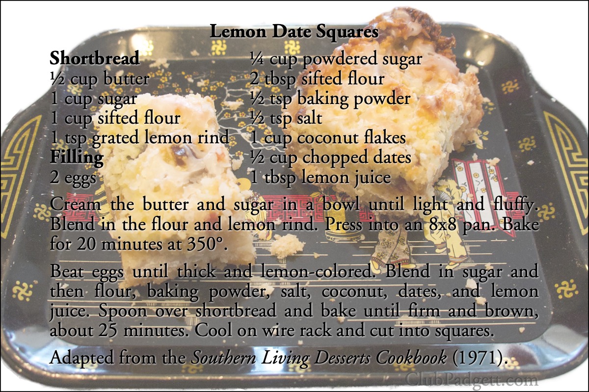 Lemon Date Squares: Mrs. J.P. Allen’s Lemon Date Squares, from the 1971 Southern Living Desserts Cookbook.; Texas; seventies; 1970s; lemons; Southern Living; coconut; dates; recipe; shortbread