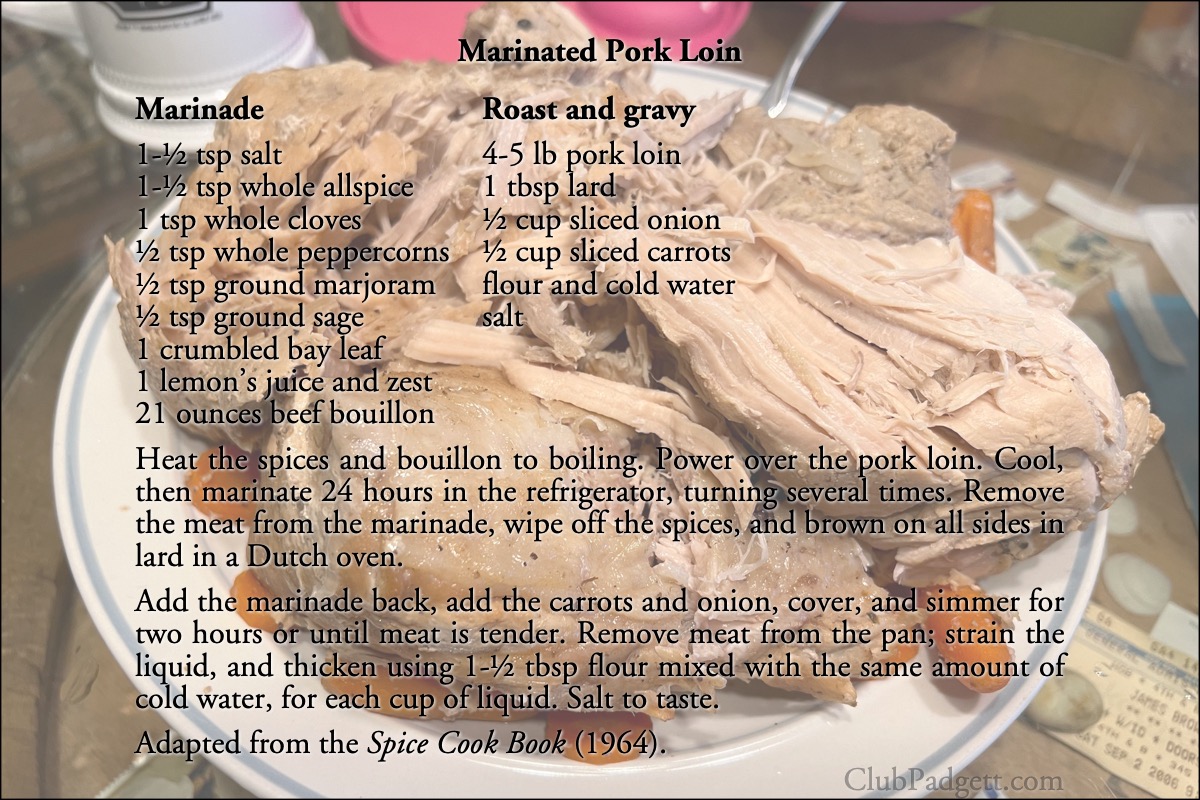 Marinated Pork Loin: Marinated Pork Roast from the 1964 Spice Cook Book.; sixties; 1960s; spice; crockpot; slow cooker; gravy; pork; recipe