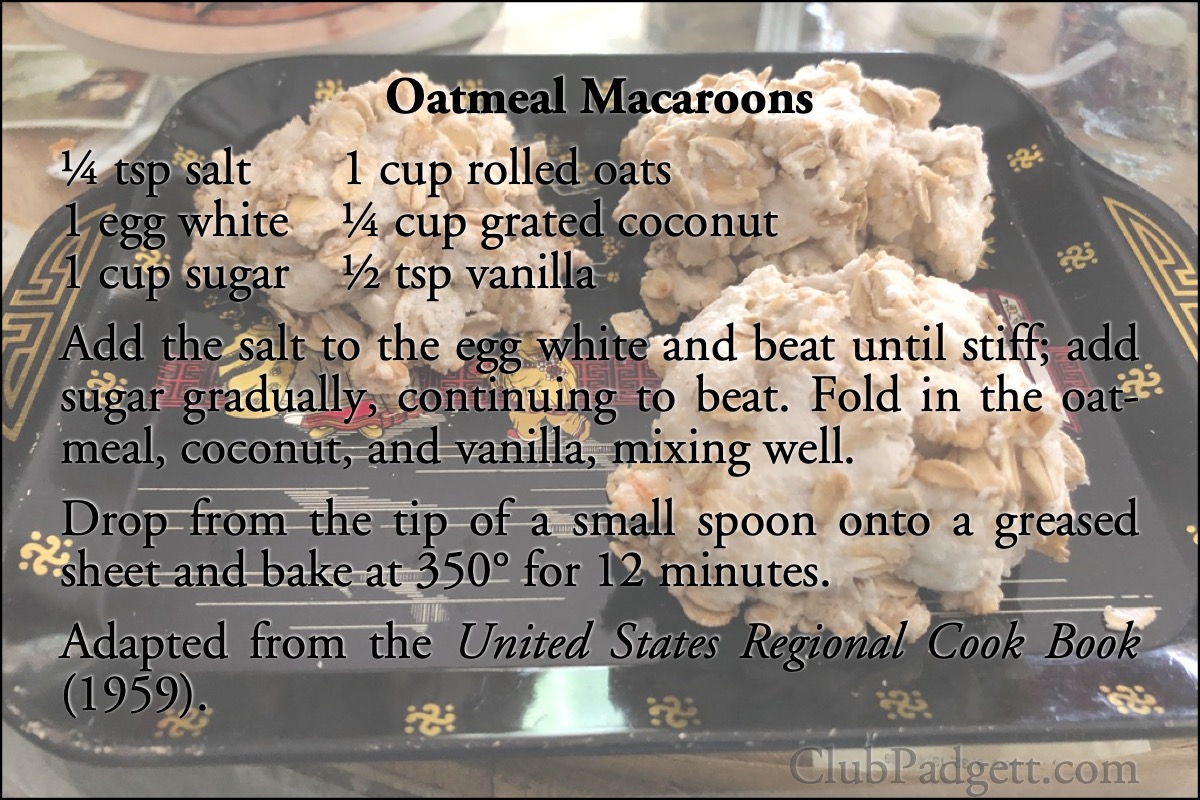 Oatmeal Macaroons: Oatmeal Macaroons, from the 1959 United States Regional Cook Book.; cookies; fifties; 1950s; oatmeal; recipe; meringue