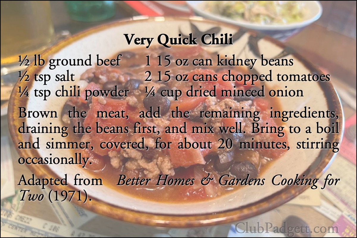 Very Quick Chili: Chili for Two, from the 1971 Better Homes and Gardens Cooking for Two.; seventies; 1970s; tomatoes; Better Homes and Gardens; black beans; recipe; chili; quick recipe; kidney beans