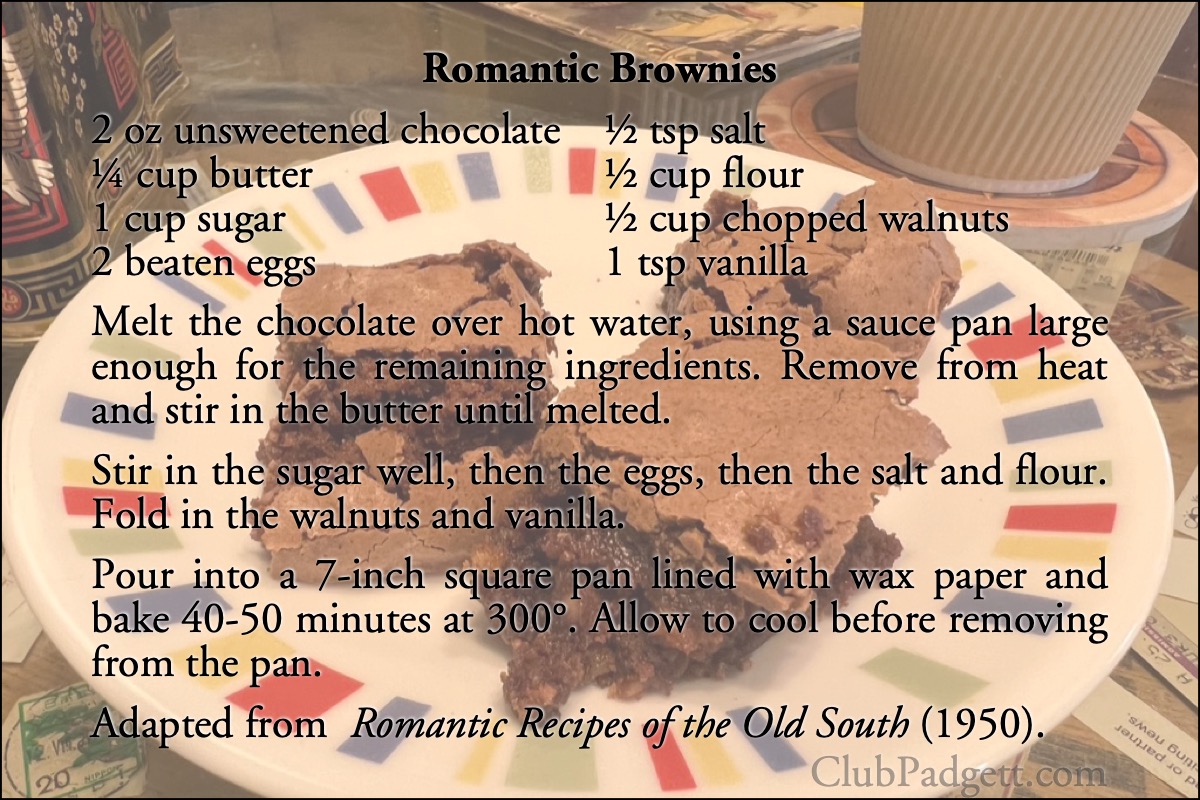 Romantic Brownies: Brownies from Imperial Sugar’s 1950 Romantic Recipes of the Old South.; chocolate; cocoa; fifties; 1950s; recipe; brownies; Imperial Sugar