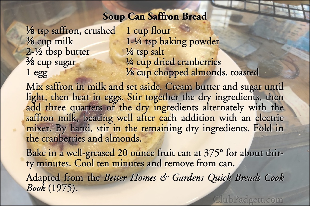 Soup Can Saffron Bread: Soup Can Saffron Bread, from the 1975 Better Homes & Gardens Quick Breads Cook Book.; seventies; 1970s; bread; cranberries; Better Homes and Gardens; almonds; recipe; saffron