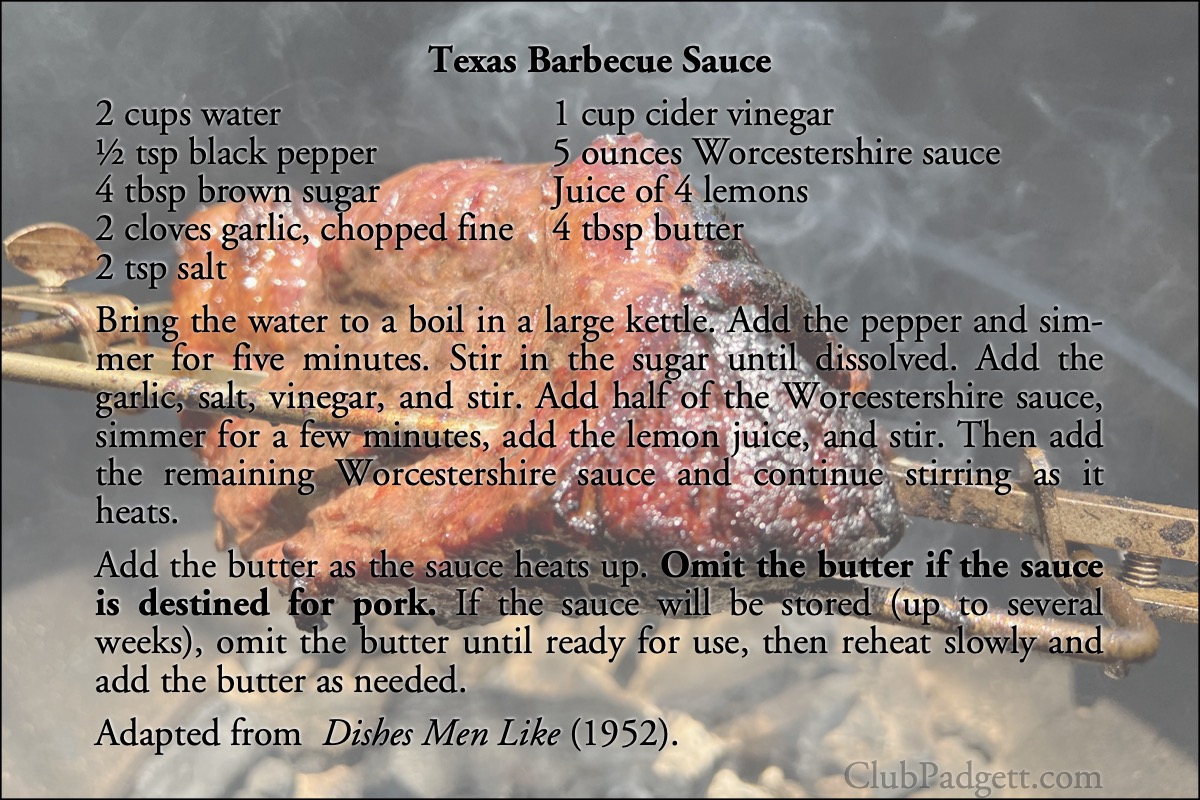 Texas Barbecue Sauce: Texas Barbecue Sauce, from the Lea & Perrins’s 1952 Dishes Men Like.; Texas; barbeque; barbecue, BBQ, grill; fifties; 1950s; recipe; Worcestershire sauce