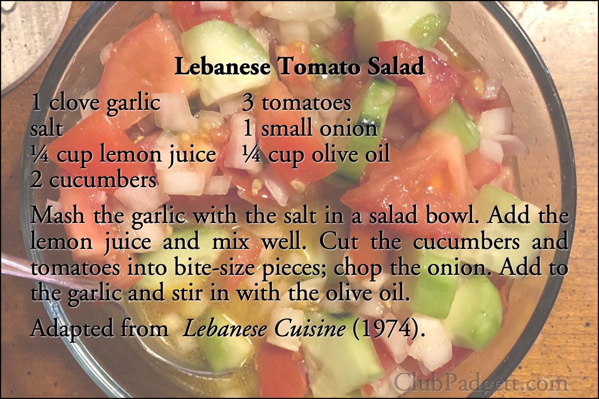 Lebanese Tomato Salad: Slatat al-Banadura (Tomato Salad) from the 1974 Lebanese Cuisine.; seventies; 1970s; salad; Lebanon; tomatoes; garlic; cucumbers; onions; recipe