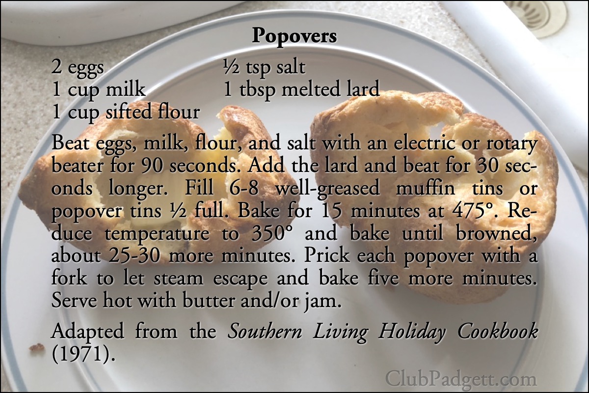 Popovers: Mrs. Roy Dawson’s popovers, from the 1971 Southern Living Holiday Cookbook.; seventies; 1970s; bread; Southern Living; recipe; rolls; buns