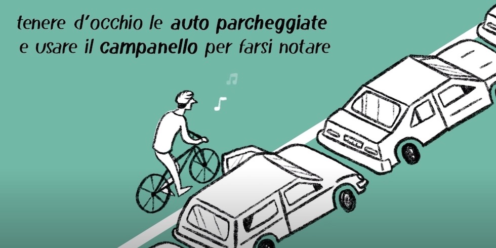 Watch parked cars: Italian bicycle safety campaign: “tenere d’occhio le auto parcheggiate e usare il campanello per farsi notare”; bicycles; bicycle paths; bicycle lanes; traffic safety; road safety