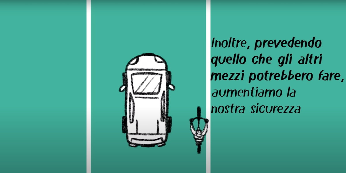 Situational awareness: Italian safety campaign: “Inoltre, prevedendo quello che gli altri mezzi potrebbero fare aumentiamo la nostra sicurezza”; Italy; bicycling; cycling; traffic safety; road safety